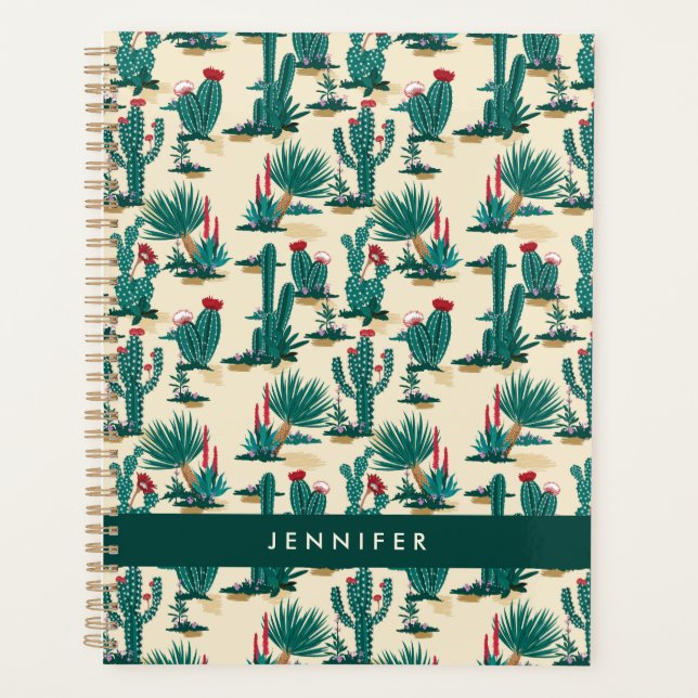 Add Your Name | Green & Red Cactus Pattern Planner (Front)