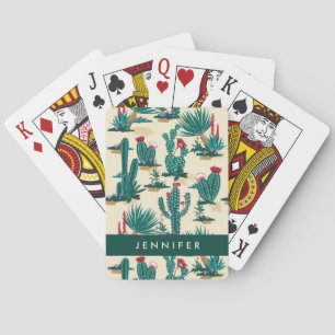Add Your Name   Green & Red Cactus Pattern Playing Cards