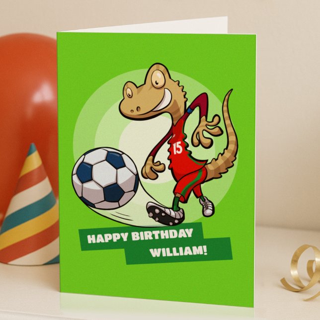 Add Your Name Happy Birthday Funny Soccer Gecko Card (Creator Uploaded)