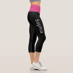 Add your Name | Hot Pink and Black Capri Leggings<br><div class="desc">These simple and modern capri leggings feature a bright,  hot pink waist and black fabric everywhere else,  with a spot to add your name or any inspirational yoga phrase in white. The perfect style choice for your workout!</div>
