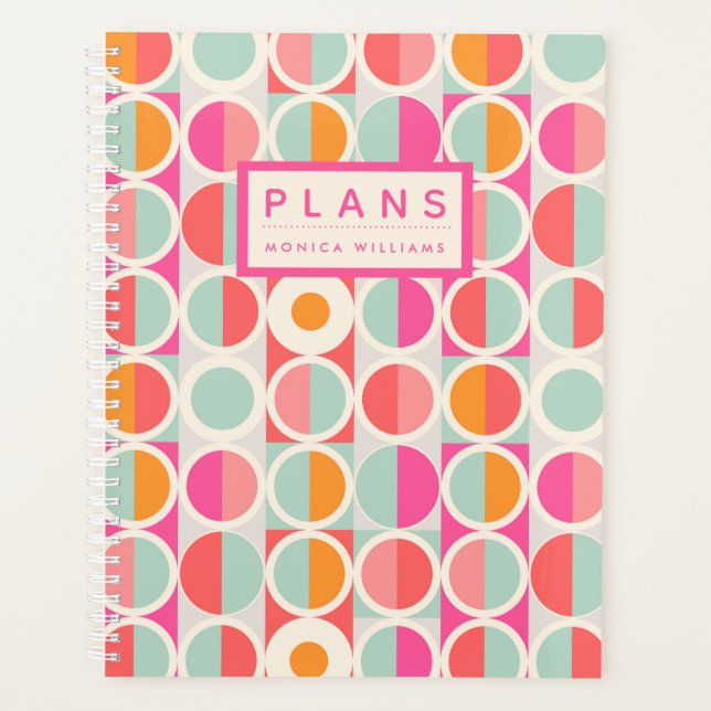 Add Your Name | Hot Pink Retro Circle Pattern Planner (Front)