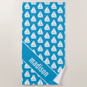 Add Your Name   Light Blue Sailboat Pattern Beach Towel