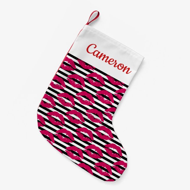 Add Your Name | Lipstick Kiss B&W Striped Pattern Small Christmas Stocking (Front (Hanging))