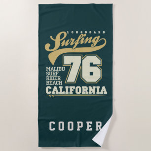 Add Your Name   Longboard Surfing   California 76 Beach Towel