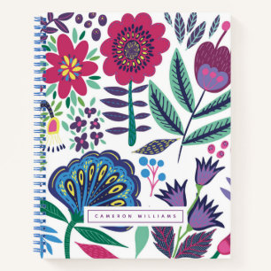 Add Your Name Magenta Folk Art Floral Pattern Notebook