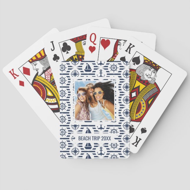 Add Your Name | Maritime In Blue Pattern Playing Cards (Back)