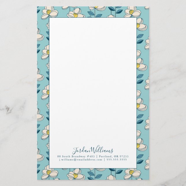 Add Your Name | Mid-Century Modern Floral Leaf Stationery (Front)