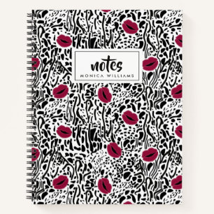 Add Your Name   Modern Lipstick Lips B&W Pattern Notebook