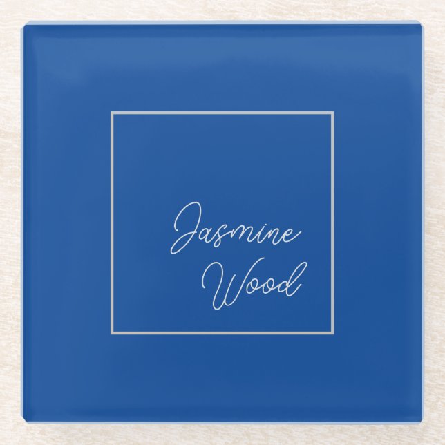 Add Your Name Modern Minimalist Blue Glass Coaster (Front)