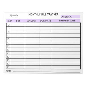 Add Your Name Monthly Bill Tracker Personalised  Notepad