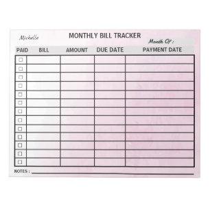 Add Your Name Monthly Bill Tracker Watercolor      Notepad