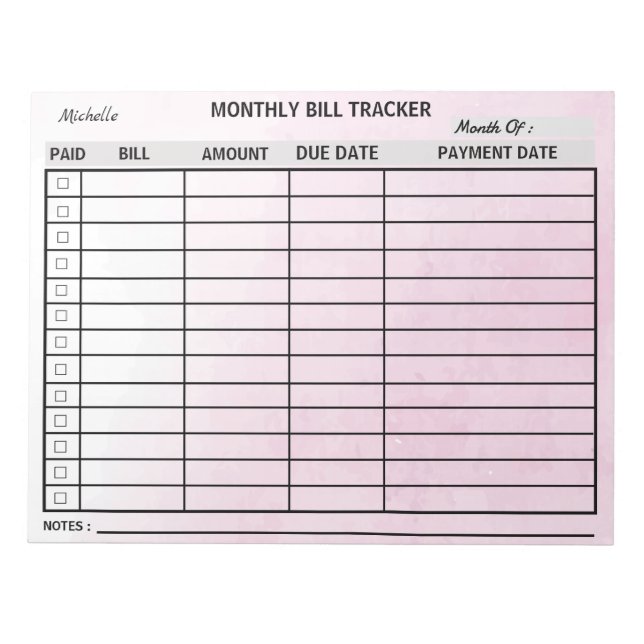 Add Your Name Monthly Bill Tracker Watercolor      Notepad (Front)