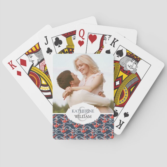 Add Your Name | Nautical Anchors And Rope Pattern Playing Cards (Back)