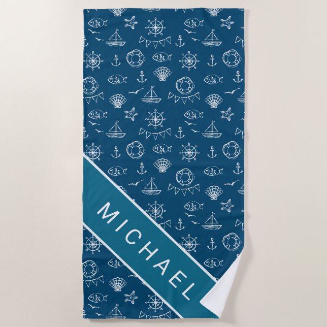 Add Your Name | Nautical Chalk Drawing Pattern Beach Towel (Front)
