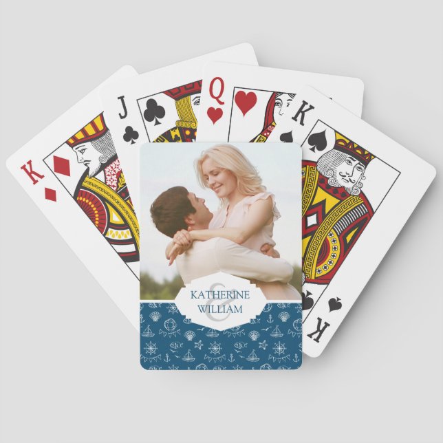 Add Your Name | Nautical Chalk Drawing Pattern Playing Cards (Back)