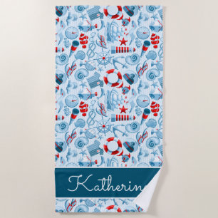 Add Your Name   Nautical Red White & Blue Pattern Beach Towel