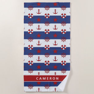 Add Your Name   Nautical Stars And Stripes Pattern Beach Towel