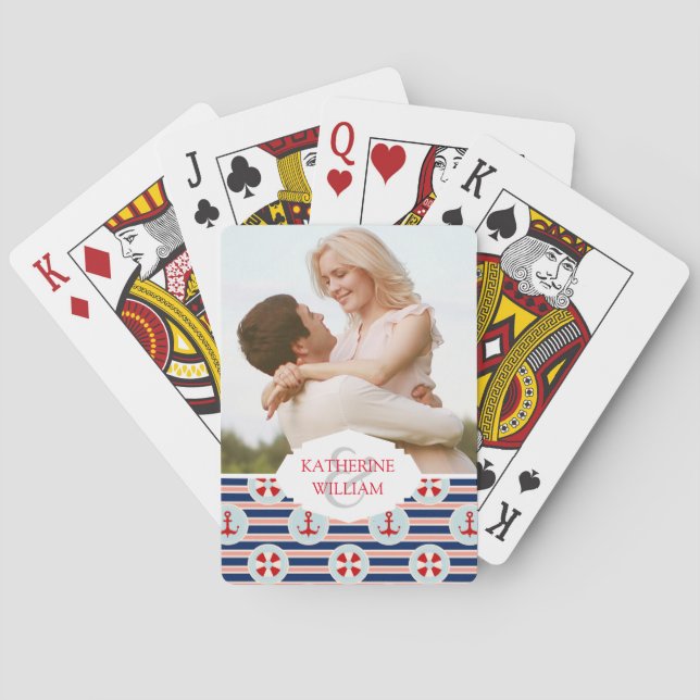 Add Your Name | Nautical Stripes And Dots Pattern Playing Cards (Back)