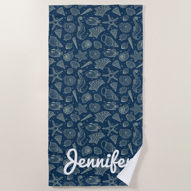 Add Your Name | Ocean Inhabitants Pattern Beach Towel (Front)