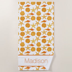 Add Your Name   Orange Beach Shell Pattern Beach Towel
