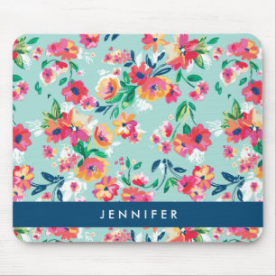 Add Your Name Painted Flowers Pattern Mouse Pad