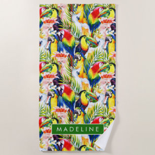 Add Your Name Parrots And Palm Leaves Beach Towel