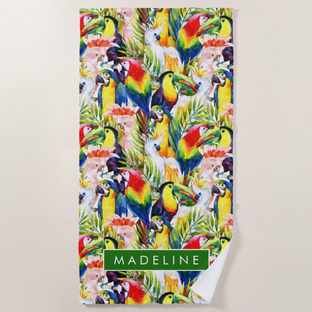 Add Your Name | Parrots And Palm Leaves Beach Towel (Front)