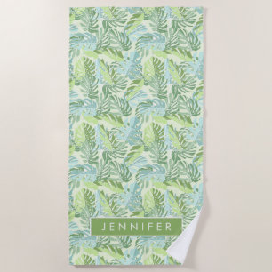 Add Your Name Pastel Tropical Palm Leaves Beach Towel