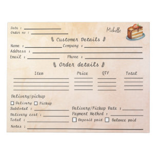 Add Your Name Pastry Cupcake Bakery Order Form Notepad