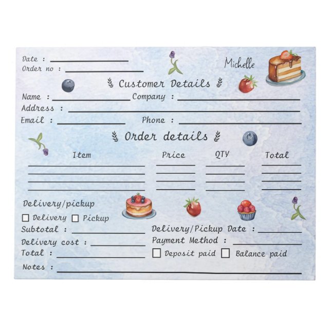 Add Your Name Pastry Cupcake Bakery Order Form     Notepad (Front)