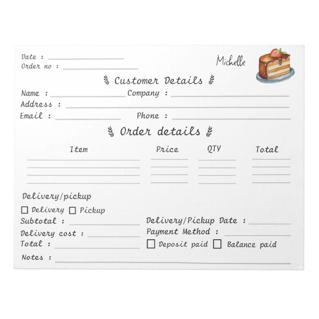 Add Your Name Pastry Cupcake Bakery Order Form Notepad (Front)