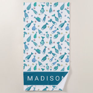 Add Your Name   Pattern With Fish And Starfish Beach Towel