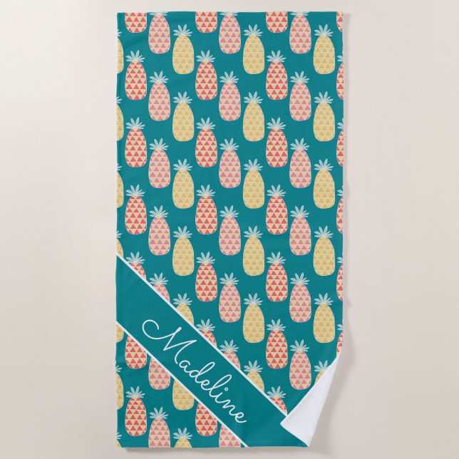 Add Your Name | Pineapple Doodle Pattern Beach Towel (Front)