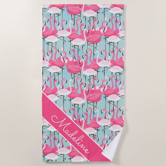Add Your Name | Pink And White Crowd Of Flamingos Beach Towel (Front)