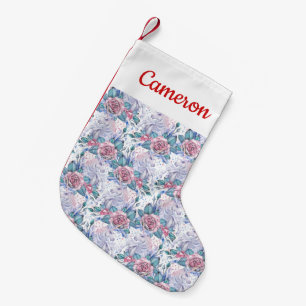Add Your Name Pink & Blue Rose Pattern Small Christmas Stocking