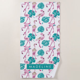 Add Your Name Pink Flamingos Beach Towel