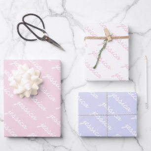 Add-Your-Name Pink Lavender Cursive Name Wrapping Paper Sheet
