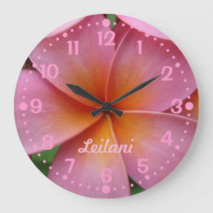 Add Your Name Pink Plumeria Flower Clock w/Minutes