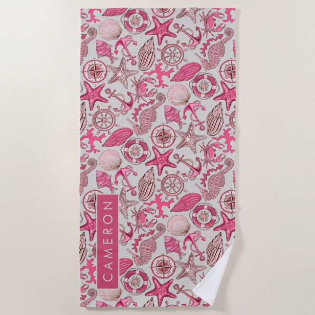 Add Your Name | Pink Sea Pattern Beach Towel (Front)