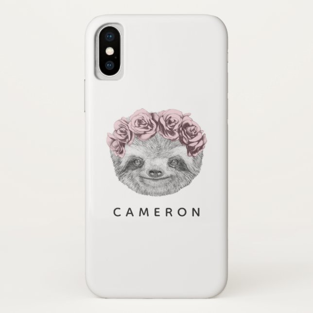 Add Your Name | Portrait Of Sloth Floral Wreath Case-Mate iPhone Case (Back)