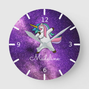 ADD YOUR NAME/Purple Space Dabbing Unicorn Square Round Clock