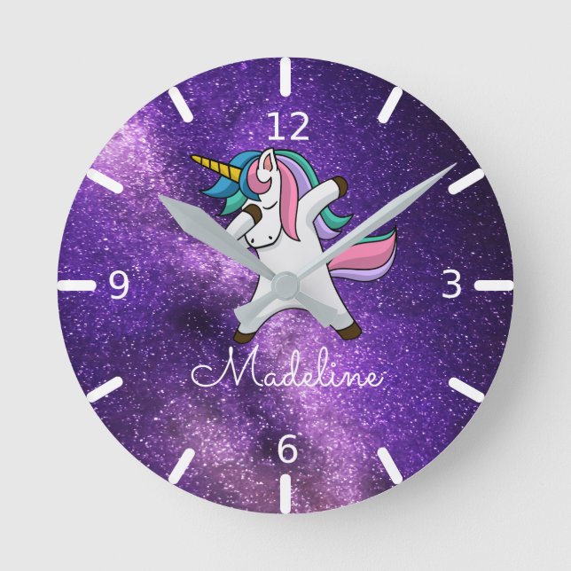 ADD YOUR NAME/Purple Space Dabbing Unicorn  Square Round Clock (Front)