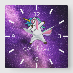 ADD YOUR NAME/Purple Space Dabbing Unicorn Square Wall Clock