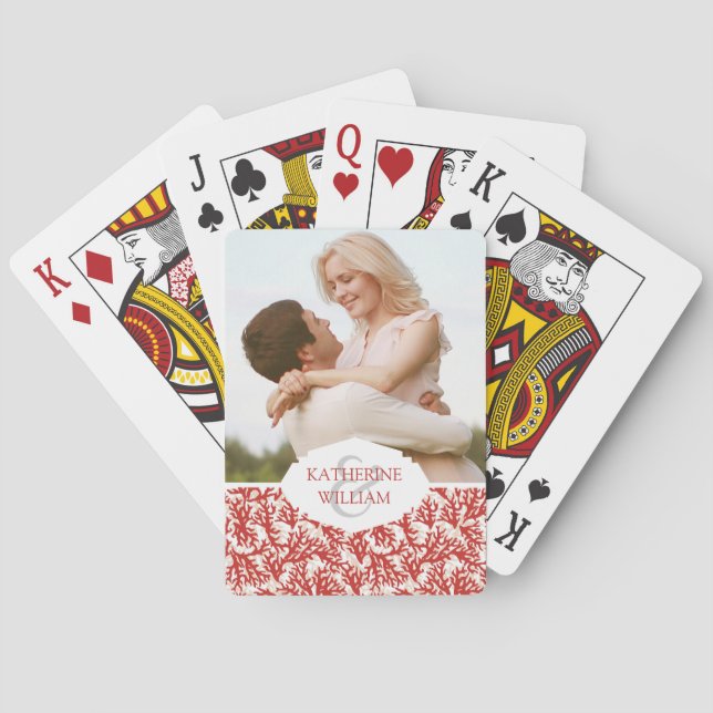 Add Your Name | Red Coral Pattern Playing Cards (Back)