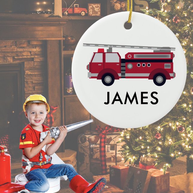 Add Your Name Red Fire truck Personalised Ceramic Tree Decoration (Creator Uploaded)
