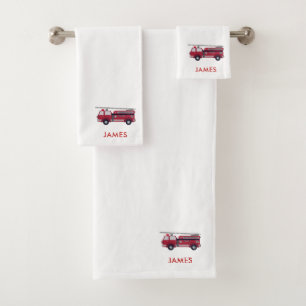 Add Your Name Red Fire truck Personalised Kids Bath Towel Set