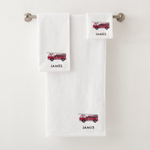 Add Your Name Red Fire truck Personalised Kids Bath Towel Set