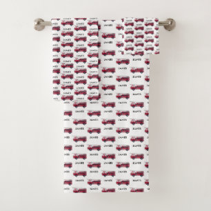 Add Your Name Red Fire truck Personalised Kids Bath Towel Set