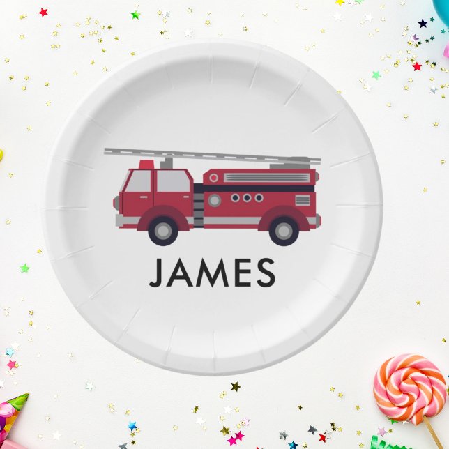Add Your Name Red Fire truck Personalized Paper Plate (Fireman Firetruck Boys birthday Party paper plate Modern Firefighter birthday theme)
