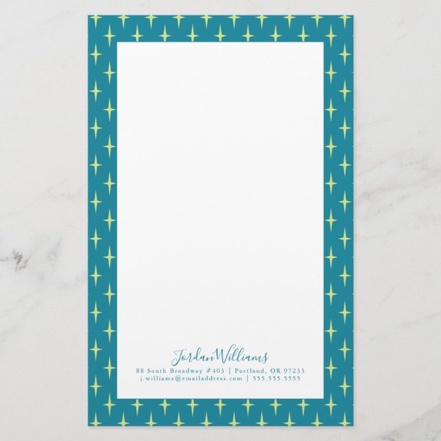 Add Your Name | Retro Atomic Age Star Pattern Stationery (Front)